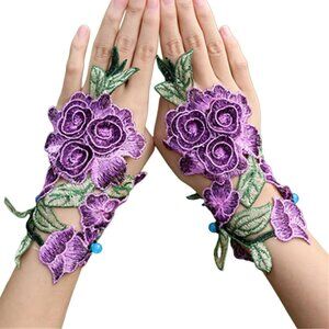 Women's A-B-Purple Flowers Embroidered Lace Gloves Cocktail Party Costumes
